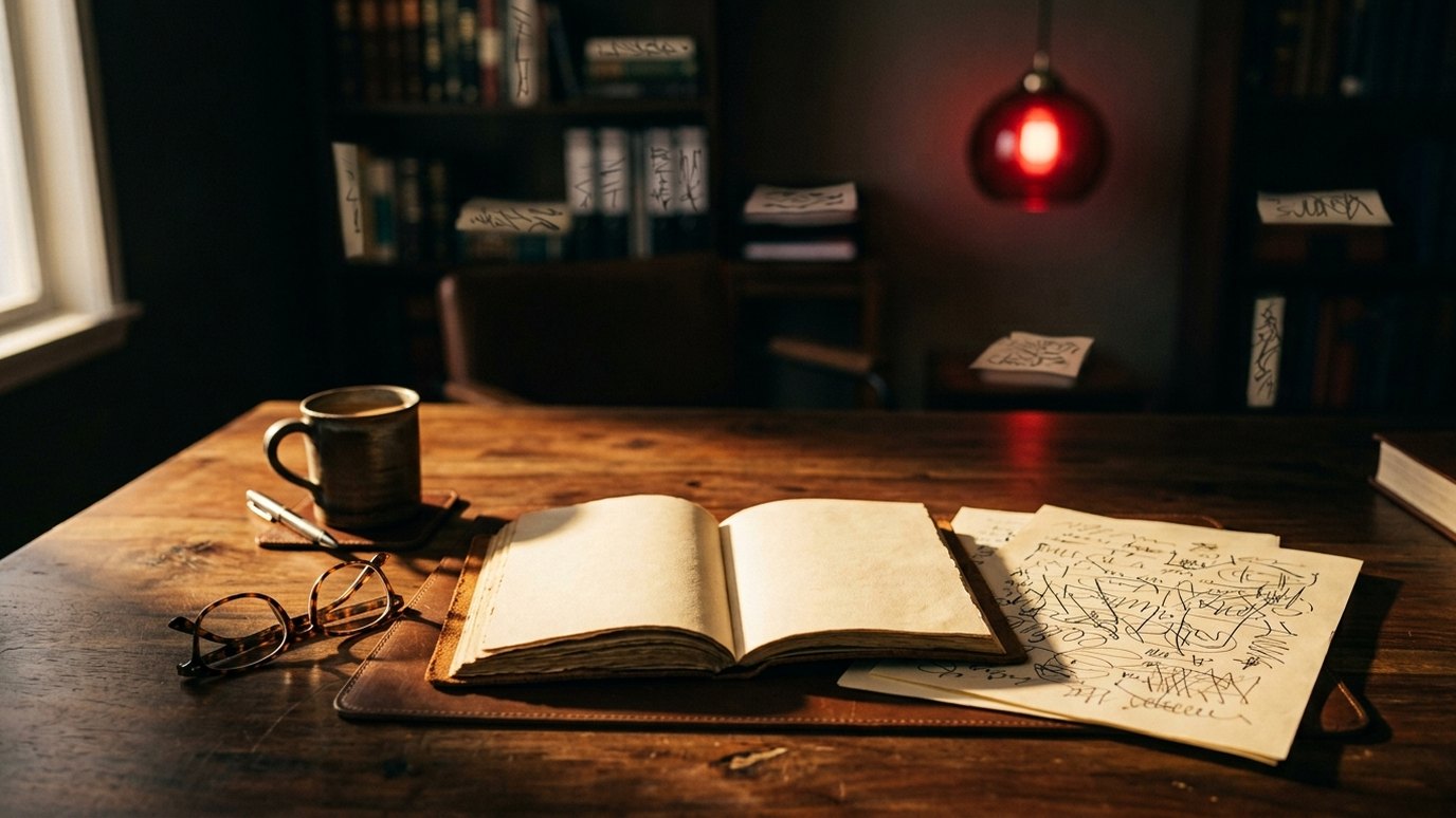 Ilustração editorial gerada em estúdio: mesa de trabalho de advogada com livro aberto, óculos e uma luminária vermelha ao fundo